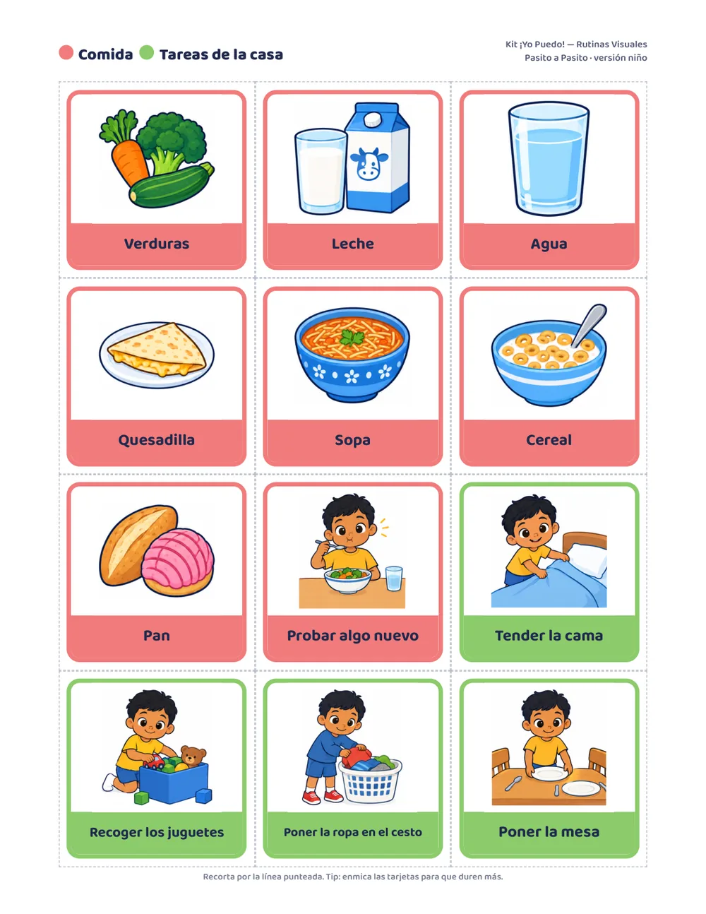 Hoja de tarjetas de comida y tareas de la casa