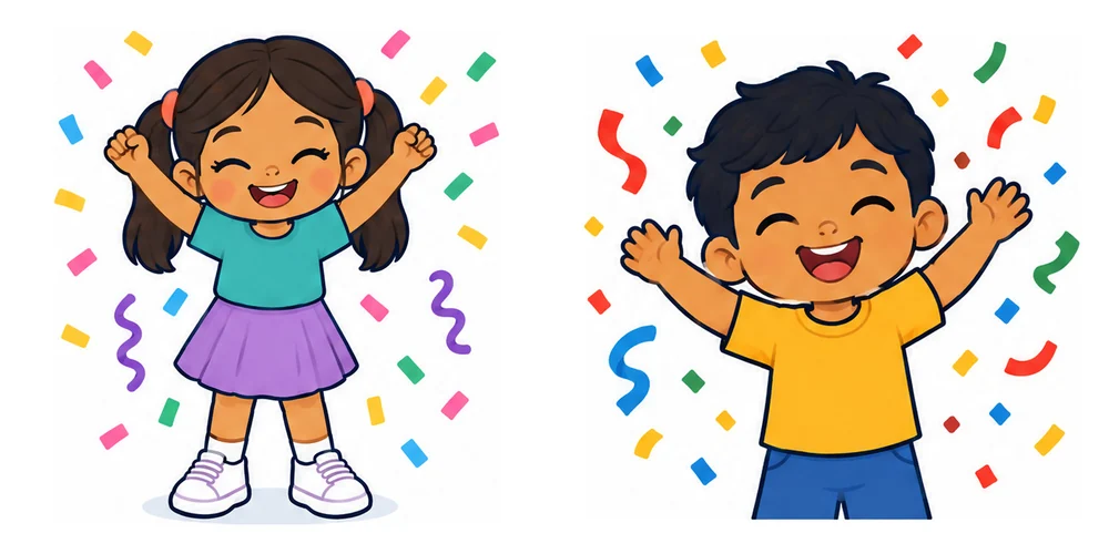 Niña y niño del kit celebrando con confeti